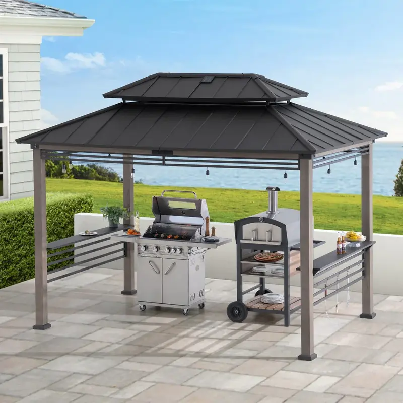 SUNJOY 8x12 Black Wood Grill Gazebo with Solar Power, Fence and Shelves