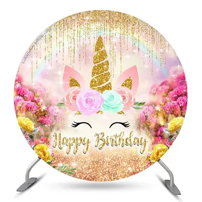 Aperturee Glitter Unicorn Flowers Round Birthday Backdrop | Round Backdrop Cover Diy | Circular Birthday Backdrop Cover | Rou...