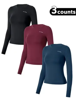 Women's Letter Print Thumb Hole Design Sports Tee, Quick Drying Breathable Round Neck Long Sleeve T-shirt for Gym Workout Run...