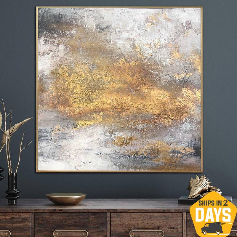 Abstract Gray Paintings On Canvas with Gold Leaf Texture Art Luxury Painting Modern Hand Painted Artwork | BRIGHT LIGHT 32&qu...