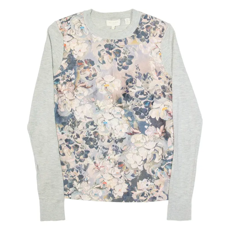 TED BAKER Womens Patterned Jumper Grey Floral Tight Knit XS