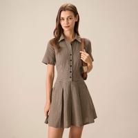 RIHOAS Women's Brown Plaid Lapel Pleated Mini Dress for Spring & Fall, Women's Clothing for Daily Wear Collared Short