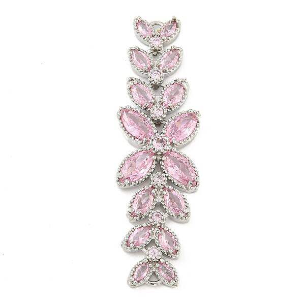 Brass Pave Pink Cubic Zirconia Flower with Leaf Links Connector Charms