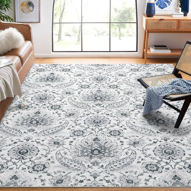 Garvee Large Washable Rug 9x12 Area Rugs for Living Room Vintage Paisley Print Rug Non-Slip Low Pile Non-Shedding Carpet Ultr...
