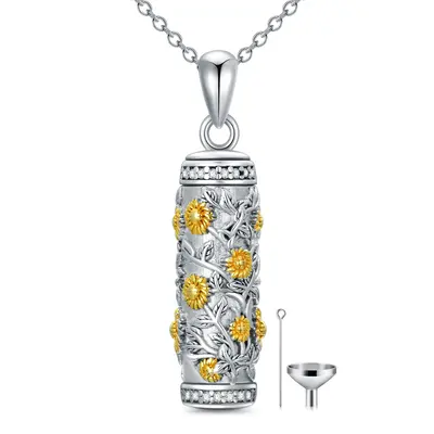 Sterling Silver Two-tone Sunflower Cylindrical Urn Necklace for Ashes