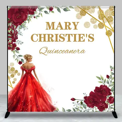 Aperturee Red Floral Princess Custom Name Quinceanera Backdrop | Backdrop For Birthday Party | Custom Birthday Backdrops | Cu...