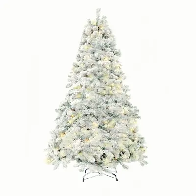 【Crazy Price】6-7.5ft  Pre-lit Artificial Christmas Tree with Warm White Lights, Snow Flocked Full Prelighted Xmas Tree De...