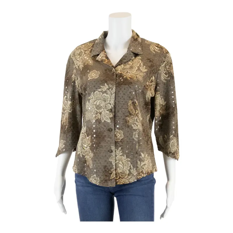 CREATION CHARMANTE Button-Up Brown 90s Collared Floral 3/4 Sleeve Womens S