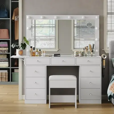FUSOU 47W 9 Drawers Vanity Set with Fold-up Panel, Vanity Desk with Power Outlet, Makeup Vanity with Lighted Mirror, 3 Ligh...