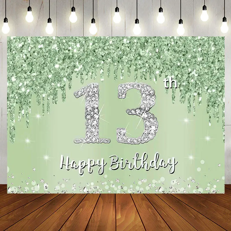 Light Green Glitter Diamonds 13th Birthday Backdrop