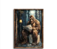 Funny Sasquatch Painting Print, Funny Bigfoot poster, Starry Sky and Pine Trees Rustic Cabin house Outdoor Scene Art Wall Dec...