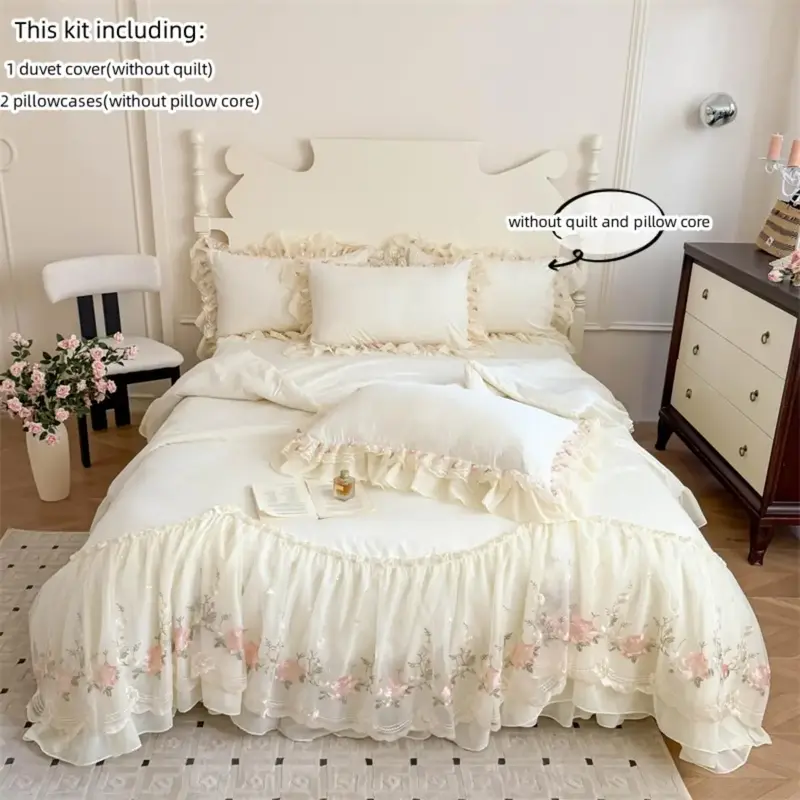 3pcs Korean Lace Trim Bedding Set with Embroidered Lace Quilt Cover and Pillowcases, Elegant Dorm Room Decor for Cozy Nights