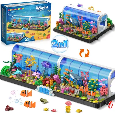 Hogokids Aquarium Building Set - 2 Styles Oceanarium Building Toy with Dolphins, Sharks, Crabs, Jellyfish, Seaweed,Aquatic Pl...