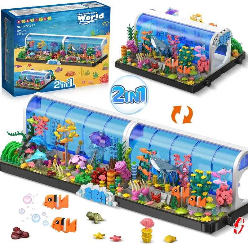 Hogokids Aquarium Building Set - 2 Styles Oceanarium Building Toy with Dolphins, Sharks, Crabs, Jellyfish, Seaweed,Aquatic Pl...