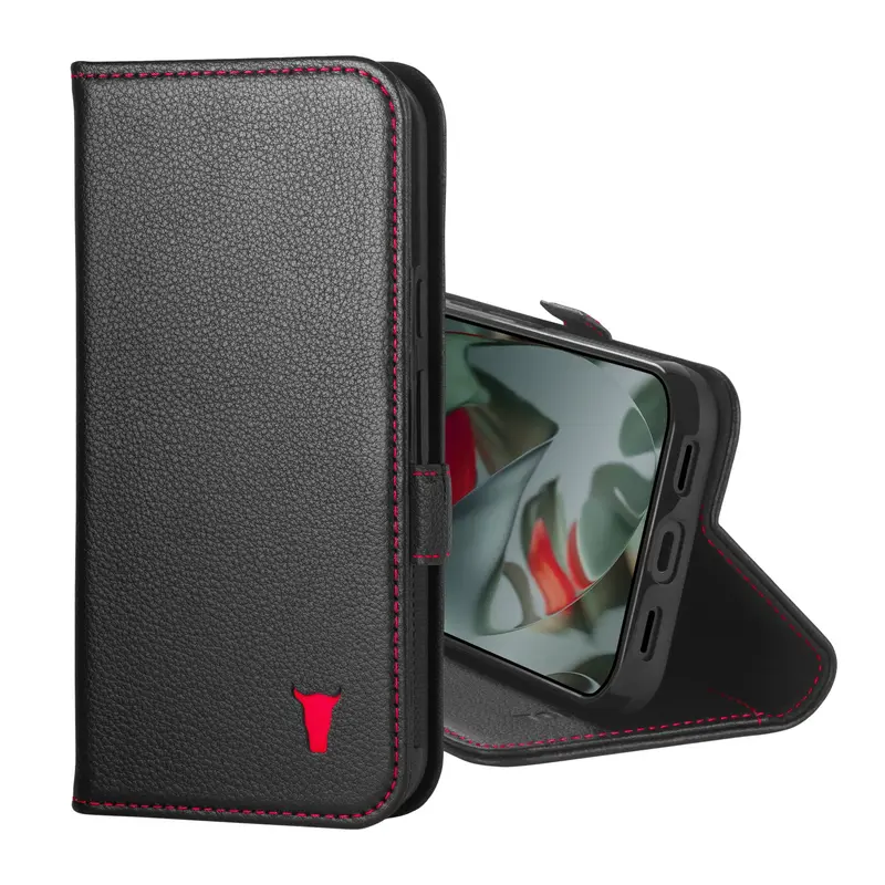 Google Pixel 10 Pro XL Leather Wallet Case - Black with Red Detail
