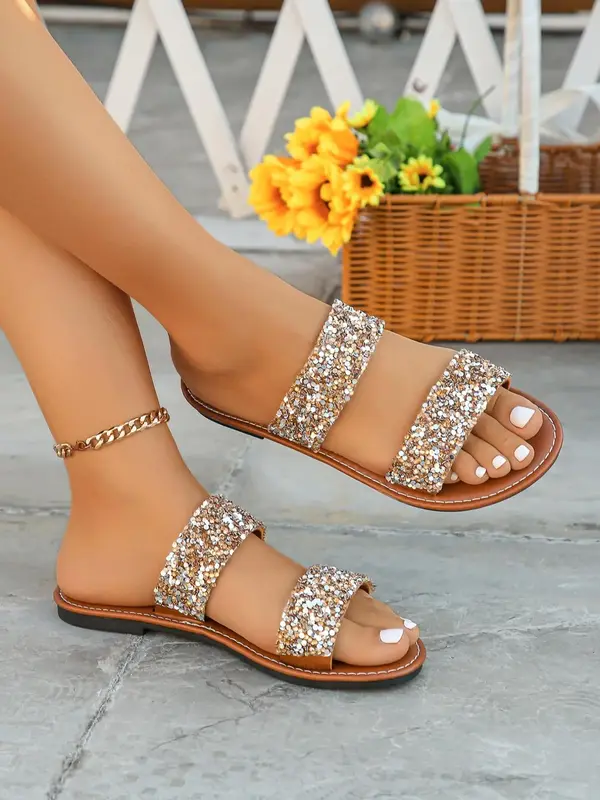 Women's Elegant Glittering Rhinestone Decor Slide Sandals, 1 Pair Casual Trendy Flat Sandals, Stylish Classy Slip on Sandals ...