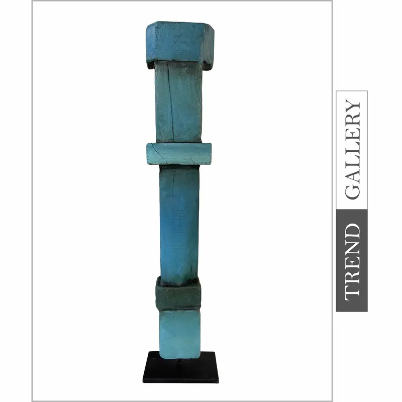 Creative Blue Totem Original Table Decor Wood Sculpture Modern Desktop Art for Home | TURQUOISE 27"x4.7"