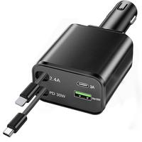 4 in 1 Car Retractable Charger for Smartphone, PD30W Fast Charging USB Port Charger Adapter with Automatic Retractable Cable,...