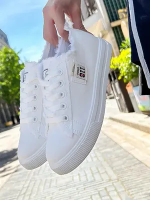 Women's Fashion Plain Lace Up Front Patched Design Low Top Skate Sneakers, Casual Lightweight Breathable Round Toe Skate Shoe...