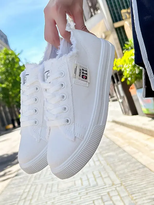 Women's Fashion Plain Lace Up Front Patched Design Low Top Skate Sneakers, Casual Lightweight Breathable Round Toe Skate Shoe...