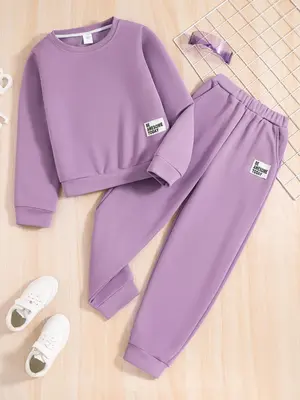 Two-Piece Set Girl's Solid Patched Sweatshirt & Elastic Waist Sweatpants Set, Casual Round Neck Long Sleeve Pullover & Pocket...