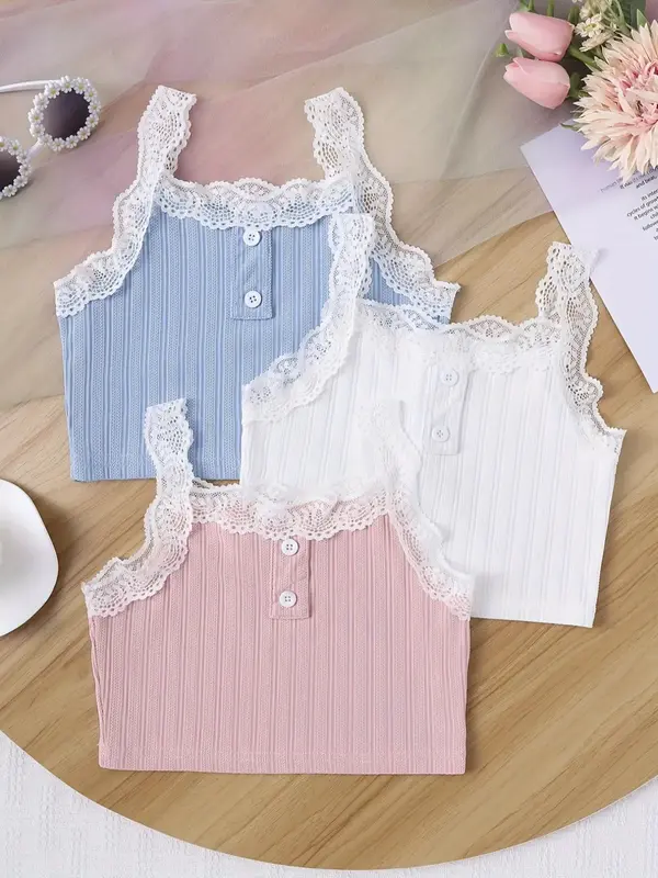 Girl's Contrast Lace Fake Buttons Ribbed Tank Top, Cute Sleeveless Scallop Trim Top for Daily Outdoor Wear, Girls Clothing fo...