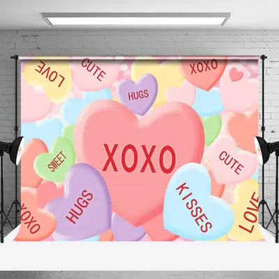 Hugs Kisses Colored Heart Valentines Day Backdrop - Aperturee