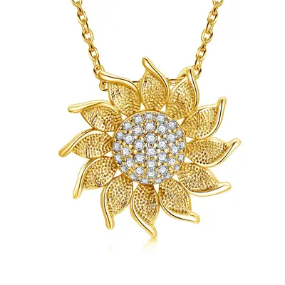 Sterling Silver with Yellow Gold Plated Cubic Zirconia Sunflower Pendant Necklace