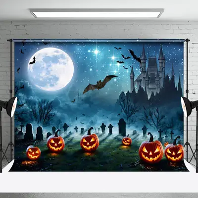 Aperturee Spooky Night Bat Pumpkin Grave Halloween Backdrop - Aperturee