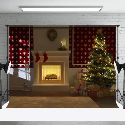 Fireplace Tree Stocking Gifts Christmas Backdrop - Aperturee