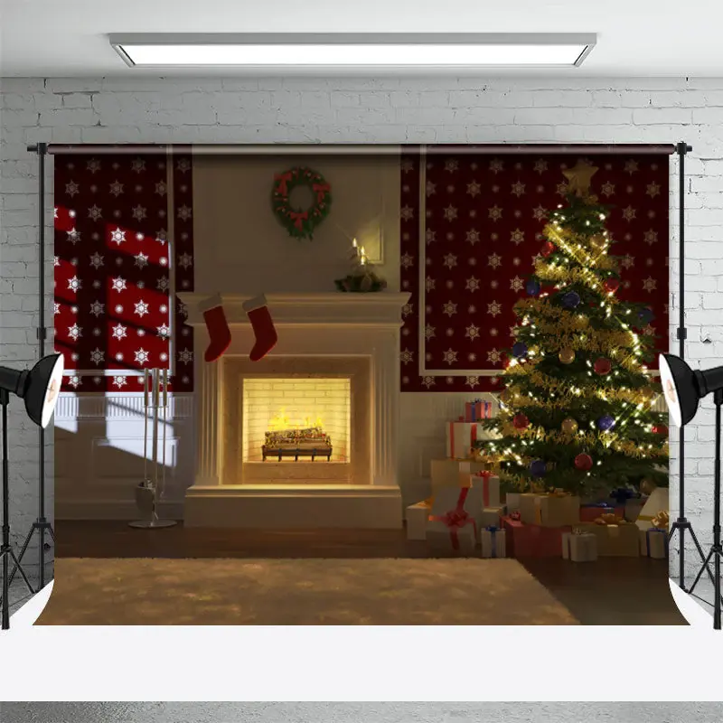 Fireplace Tree Stocking Gifts Christmas Backdrop - Aperturee