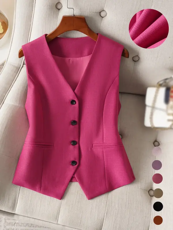 Women's Solid Button Front Fake Pocket Vest Blazer, Elegant V Neck Sleeveless Outerwear for Work Office Business, Ladies Spri...