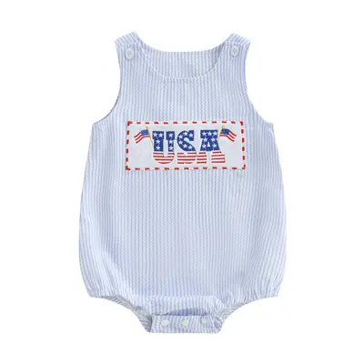 Baby Boy Patriotic Romper 4th Of July Outfits Casual Flag/Letter Embroidery Striped Sleeveless Bodysuit Jumpsuit Newborn Todd...