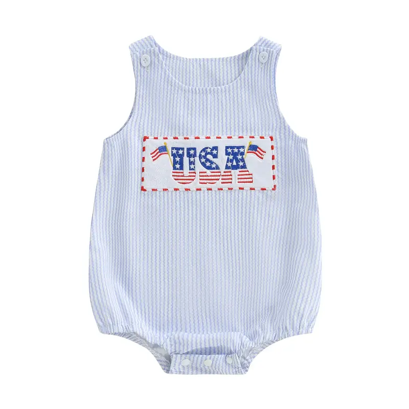 Baby Boy Patriotic Romper 4th Of July Outfits Casual Flag/Letter Embroidery Striped Sleeveless Bodysuit Jumpsuit Newborn Todd...