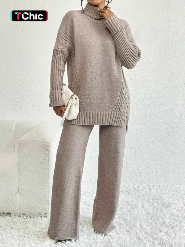 Women's Textured Split High Low Hem Sweater & Wide Leg Knitting Pants, Casual Fashion Cozy Turtle Neck Jumper & Trousers for...