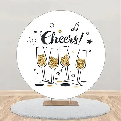 Cheers Gold Champagne Music Round Birthday Backdrop - Aperturee