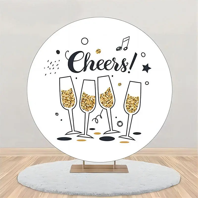 Cheers Gold Champagne Music Round Birthday Backdrop - Aperturee