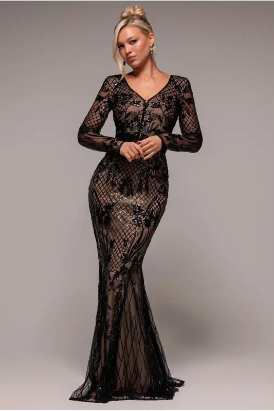 Goddiva Full Sleeve Sequin Evening Dress - Black