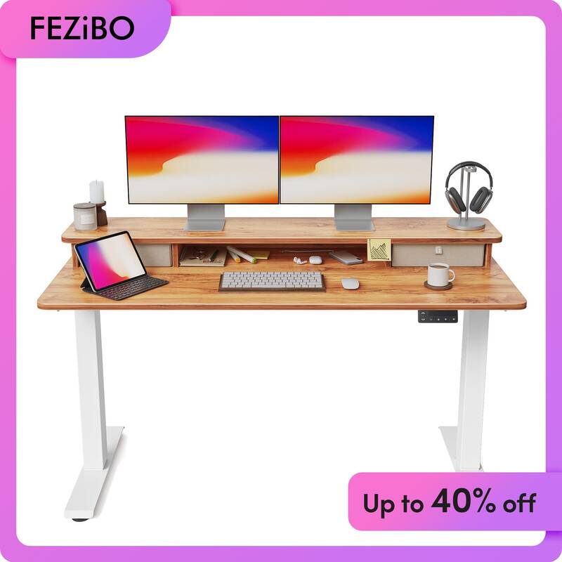FEZIBO Height Adjustable Electric Standing Desk with Double Drawer, Stand Up Desk with Storage Shelf, Ergonomic Design,