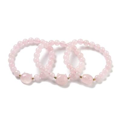 Round & Cat Head Natural Rose Quartz Beaded Stretch Bracelets for Women