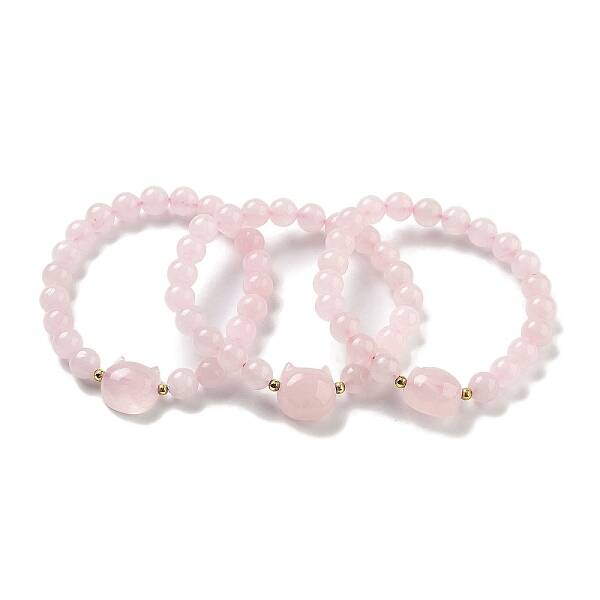 Round & Cat Head Natural Rose Quartz Beaded Stretch Bracelets for Women