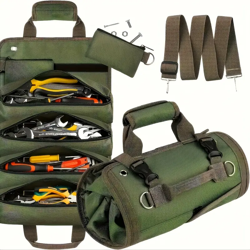 Portable Tool Roll Bag for Electricians & Mechanics 4 Compartments 2 Detachable Tool Bags Heavy Duty Carpenter Tool Belt Gree...