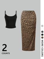 Two-piece Set Women's Solid Color Crop Cami Top & Leopard Print Skirt, Casual Fashion Cozy for Daily Outdoor Wear, Ladies Clo...