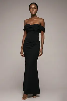 Goddiva Chiffon Off The Shoulder Cowl Neck Maxi Dress - Black