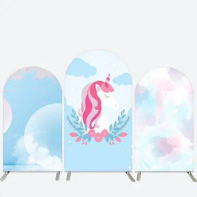 Aperturee Cartoon Unicorn Floral Blue Birthday Arch Backdrop Kit | Custom Arched Wall Covers | Diy Round Arch Backdrop | Diy ...