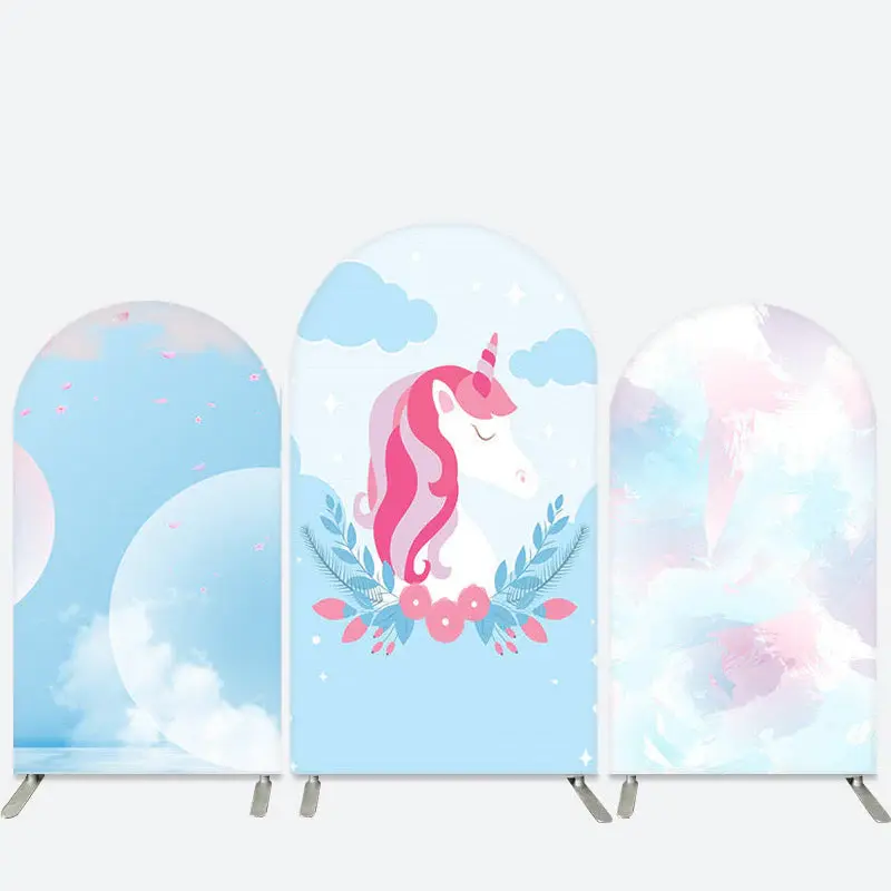Aperturee Cartoon Unicorn Floral Blue Birthday Arch Backdrop Kit | Custom Arched Wall Covers | Diy Round Arch Backdrop | Diy ...