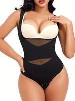 Womenswear Contrast Mesh Comfort Thong Design Shapewear Bodysuit, High Stretch U Neck Tummy Control Shapewear Clothing, Ladie...