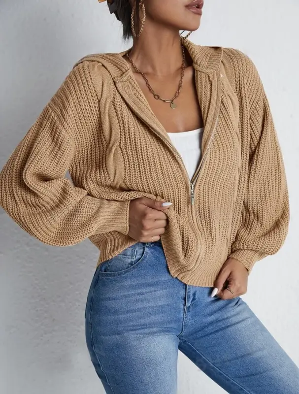 Textured Drop Shoulder Zip Up Hooded Cardigan, Casual Long Sleeve Cardigan Sweater, 2024 Women's Autumn & Winter Clothes for ...