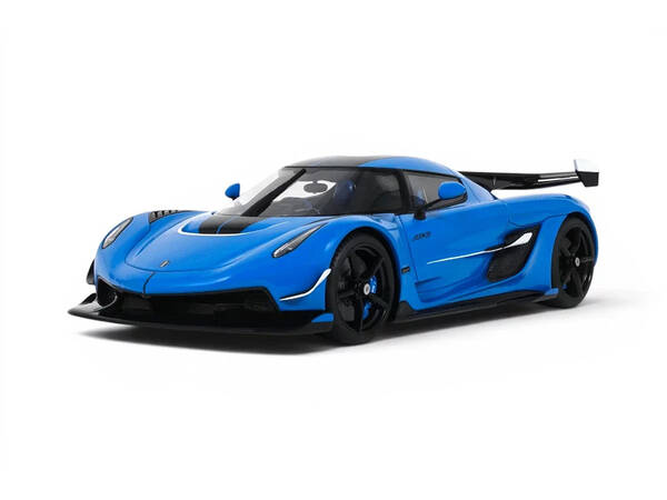 2025 Koenigsegg Jesko Blue Metallic with Black Stripes 1/18 Model Car by GT Spirit
