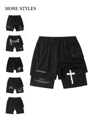 Men's Regular Fit Cross Print 2 in 1 Drawstring Waist Shorts, Casual Pocket Track Shorts for Summer, Fashion Men's Bottoms fo...